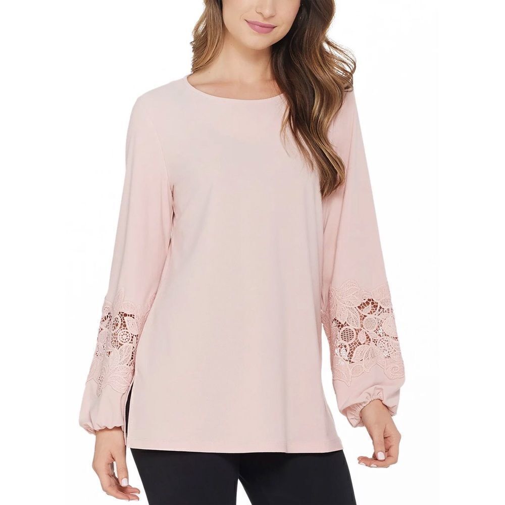 Dennis Basso Caviar Crepe Lace-Trimmed Slves Tunic